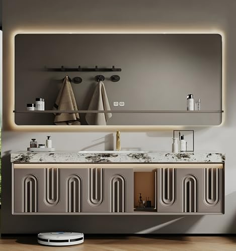 Tocador de baño flotante con fregadero, incluye espejo antiniebla LED inteligente, encimera de mármol, luz con sensor y cajones de almacenamiento