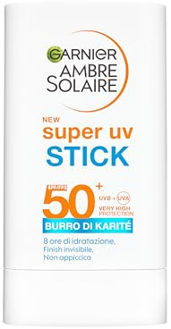 Garnier Ambre Solaire Super UV Stick Protettivo Invisibile SPF50+, 18 g | per Tutti i Tipi di Pelle, Protezione dai Raggi UV, Idratazione fino a 8H, Non Comedogenico, Formula Vegana
