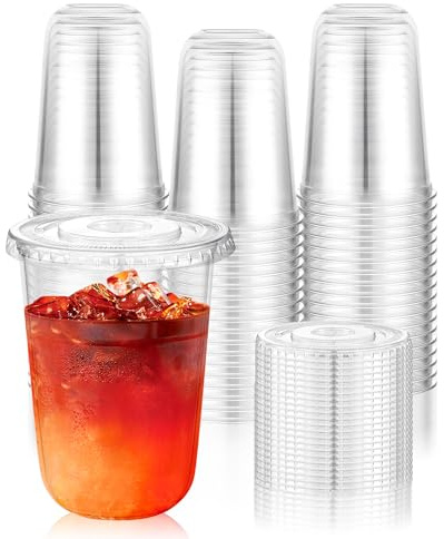 KesaPlan 50 Set 450ml (16oz) Plastic Cups with Lids, Round Bottom PET Cups for Iced Coffee Cold Drinks Juice Smoothies Milkshakes Lemonade Cocktails and Bubble Tea