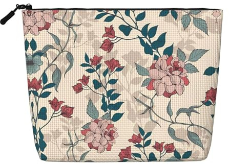 Bolsa de cosméticos para mujer con estampado de conchas de playa, bolsa de aseo de una sola capa, adecuada para almacenamiento diario, viajes y viajes de negocios., Hojas de flores rosas, Talla única