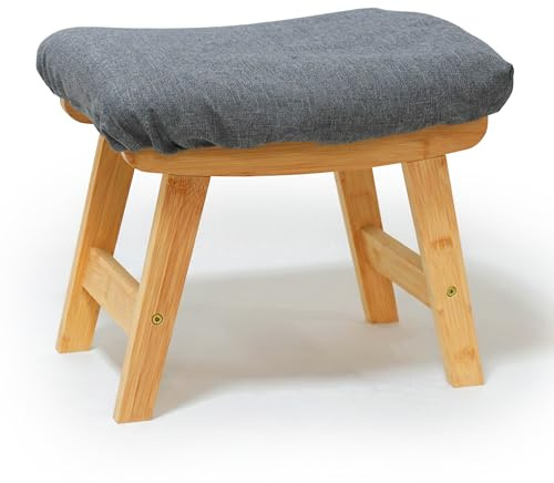 Relaxdays Bambu fotpall vadderad fotstöd, H x B x D: 32 x 40 x 29 cm, hall, vardagsrum, sidopall, natur/grå