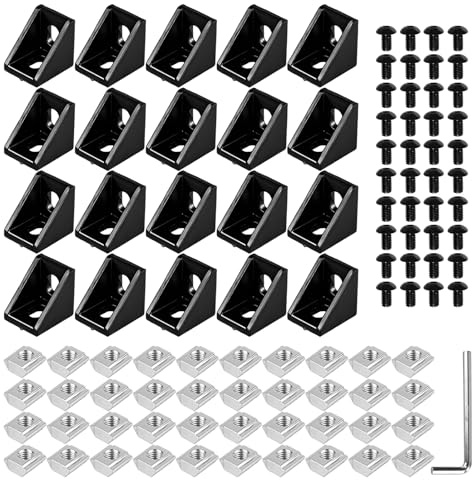 20 Stück Aluprofil Winkel 20x20 Schwarz 90° Eckverbinder mit Zubehör | M5 T-Nutensteine Schrauben Inbus, Verbinder für Nut 6 Profilrahmen, Ideal für 3D Drucker CNC Router DIY Konstruktionen