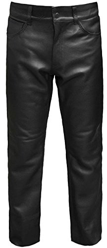 Skintan Klassiska motorcykelbyxor för män jeans i läder – finns i 73 cm, 78 cm och 86 cm inre benlängder, Svart, 50W x 31L