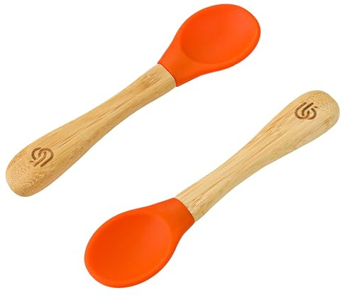 bamboo bamboo ® Baby Entwöhnungslöffel 2er Set | Bambus mit weichen Silikonspitzen | Ergonomische, griffige Griffe (2er-Set, orange)