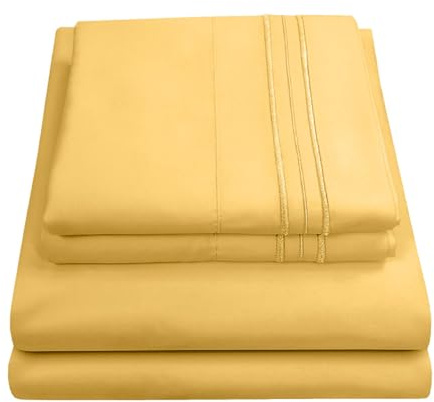 Sweet Home Collection Luxury Bedding Set with Flat, Fitted Sheet, 2 Pillow Cases, Microfiber, Yellow, Queen