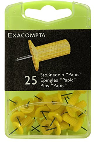 Exacompta 14903E 25er Pack Pinwandnadel mit rundem geripptem Kopf Stoßnadeln in Kunststoffbox für Pinnwände Fotowände Korktafeln gelb