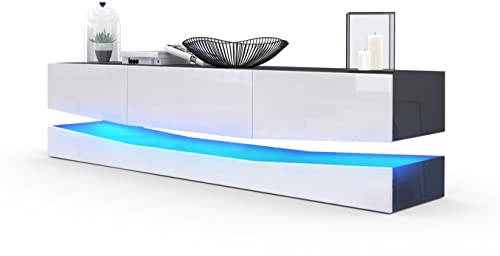 Vladon Lowboard City, Made in Germany, TV-Kommode mit Sockelelement, 1 offenem Fach und 3 Schubkästen, Schwarz Hochglanz/Weiß Hochglanz, inkl. LED-Beleuchtung (178 x variabel x 39 cm)