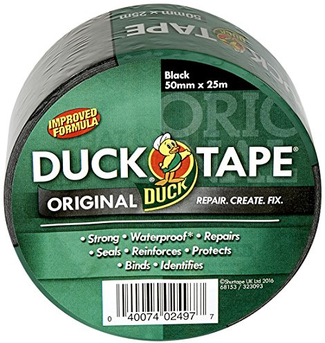 Duck Tejp original svart, 50 mm x 25 m, förbättrad formel höghållfast vattentät Gaffer och kanal självhäftande tyg reparationstejp