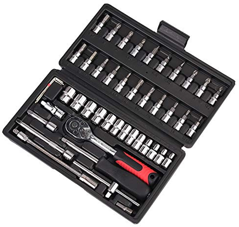 AUTOUTLET 46-teiliges Set mit 1/4-Zoll-Antrieb, Chrom-Vanadium-Stahl, ideal für Motorrad-, Fahrrad-, Automobil-, Drosselklappen-, Luftfilter-Reparaturen