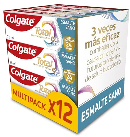 COLGATE Total Advanced Esmalte Sano Pasta de Dientes, Pack 12 Uds x 75ml, Ayuda a Reparar el Esmalte Debilitado, Dentífrico Blanqueador con 24h de Defensa Antibacteriana Reforzada para la Boca