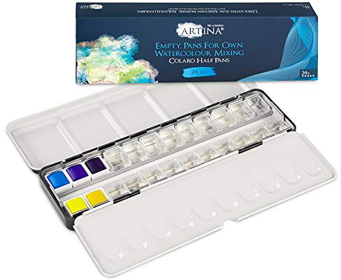 Artina 24 Fächer Aquarellkasten Leer Metallkasten mit Palette Näpfchen | Leerkasten Farbkasten für Wasserfarben Malkasten für Aquarellfarbe Aquarell Aquarellpalette Mischpalette Colaro