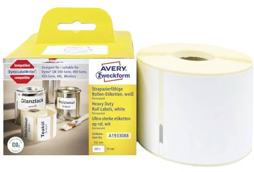 AVERY Zweckform A1933088 Dymo LabelWriter wetterfeste Etiketten kompatibel zu 1933088 (59x102mm, 1 Rolle|300 Kunststoff Aufkleber, selbstklebend, für LW Dymo Etikettendrucker, Beschriftungsgerät)