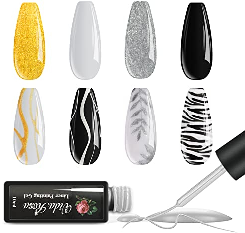 4 Farben Professioneller Gel-Nagellack, Spezialpinsel zum Striping, Kurze Hübe, Einzelheiten, Längliche Linien, Stifte für Nailart Nageldesign Maniküre Salon, Gold Silber Schwarz Weiß