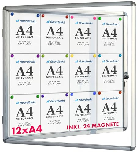 Floordirekt | Tableau d'affichage en aluminuim, vitrine d'affichage avec Serrure à clé | Tableau arrière magnétique - Porte avec Serrure - Cadre en Aluminium | 12 x A4
