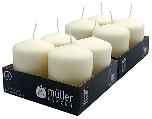 Müller Stumpenkerzen - Set mit 8 Säulenkerzen - Farbe Elfenbein - Durchmesser 5 cm, Höhe 6 cm - Lange Brenndauer: 10 Stunden - Tropffrei Wachskerzen, Unparfümierte - RAL Qualität