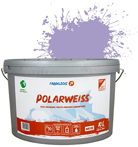 Farbklecks24 Polarweiss Color (versch. Farben) premium Wandfarbe, weiss, sehr hohe Deckkraft, Wandfarbe, Deckenfarbe, Deckkraft Klasse 1, Nassabrieb Klasse 2 (10L, Lila 2-2)