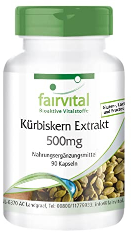Fairvital | Estratto di semi di zucca 500 mg - 90 capsule - concentrato 10 volte con selenio e vitamina E - altamente dosato - vegano