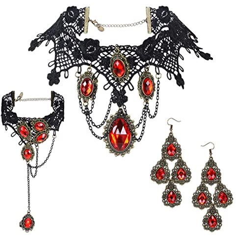 Yolev Gothic Schmuck Choker Kette Halskette Schwarze Spitzenkette Spitzenarmband Tropfenohrringe für Gothic Kleidung Damen Halloween Kostümparty Mexican Gothic Choker Halsband