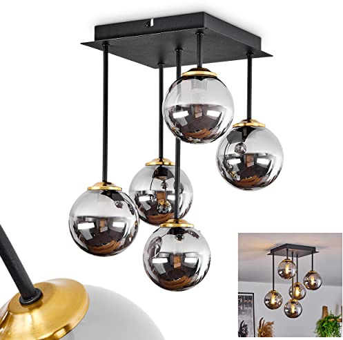 HOFSTEIN Deckenleuchte Chehalis, 5-flammigeDeckenlampe aus Metall/Glas in Schwarz/Messing/Chrom/Rauch, Leuchte im Retro/Vintage-Design, Ø Schirme 10 cm, G9, Esszimmer, Schlafzimmer, Wohnzimmer, Küche