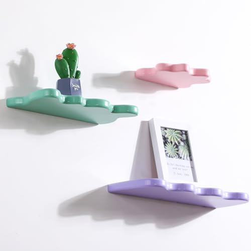 Geetery 3 Pcs Wavy Floating Shelves Cute Cloud Shelves Kawaii Pastel Room Decor Funky Wall Shelf Preppy Book Shelf for Wall Bedroom Bathroom Display