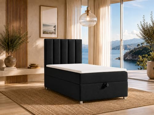 Best For Home Trinity K10 Boxspringbett 100x200 | Stauraum mit Topper | Einzelbett mit Bonell Federkernmatratze H3, Hoher Schlafkomfort, Gepolstertes Kopfteil, Modernes Bett Design und Bettkasten