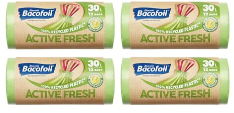 Bacofoil Active Fresh 30L Bin Liners - 48 Recycled Bin Bags (4 Rolls) | Leak-Proof Design, Citrus Fragrance | Odour Prevention, Eco-Friendly Waste Disposal