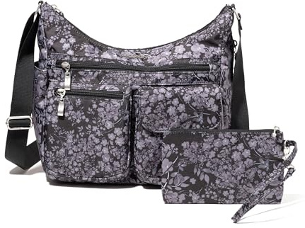 Baggallini Women's Everywhere Bagg Crossbody 11x9 Lightweight Nylon Hobo Water-Resistant Travel Bag W/RFID Protection, Black Hydrangea, One Size US