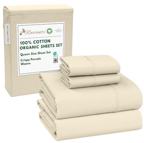 Ruvanti Set di lenzuola in 100% cotone biologico per letto matrimoniale, 4 pezzi, biancheria da letto in percalle morbido e traspirante, con tasca profonda standard alberghiera da 40,6 cm, sensazione