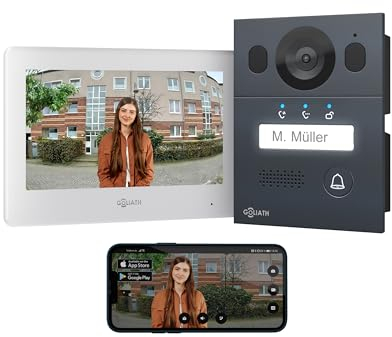 GOLIATH Interphone vidéo Basique, Bus 2 Fils, Moniteur de 7 Pouces, Sonnette en saillie avec caméra, interphone avec Ouverture de Porte, Maison individuelle, Application pour Smartphone
