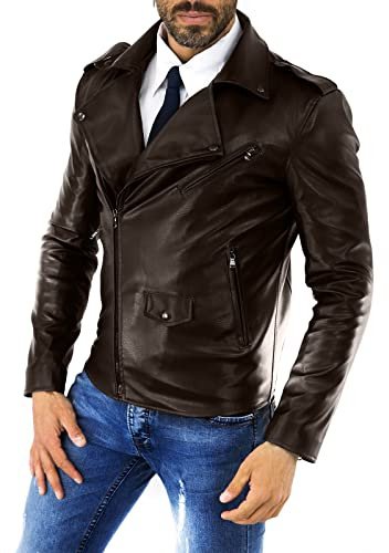 Chiodo Biker In Vera Pelle Marrone Uomo Slim Accessori Scuri Rindway, XL, Fodera (Primavera-Estate), Marrone Scuro