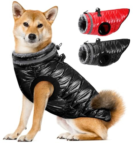 Eyein Wasserdichter Hundemantel mit Geschirr, Fleece Rollkragen Warme Hundewinterjacke mit doppeltem Reißverschluss, reflektierende Hundeschneejacke für kleine mittlere große Hunde, Schwarz, L