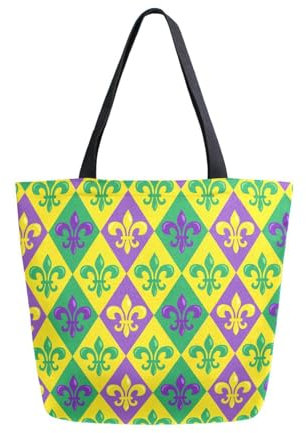 Mardi Gras Bunte heraldische Lilien, Canvas-Tragetasche, Damen, große Umhängetasche, wiederverwendbar, Einkaufstasche, Handtasche, Geldbörse, A614, 34.5x13x40cm