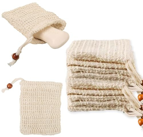 KASURE 12 Stück Seifensäckchen Bio, Seifensack Zum Duschen aus 100% Sisal Baumwolle, Naturprodukt Beige Seifen Säckchen, für Aufschäumen und Trocknen Seife, Baumwolle Seifenbeutel Set