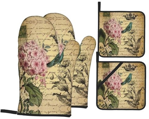 4-Teiliges Set Ofenhandschuhe Topflappen Set Vintage Französisch Paris Hortensie Blume Botanische Mikrowellen Handschuhe rutschfeste Topflappen Handschuh Für Küche Cooking Grillen
