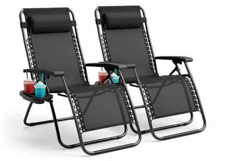 KEPLIN Set of 2 Heavy Duty Zero Gravity Chairs – Padded Garden Recliners with Locking System, 160° Recline, Adjustable Pillow, Removable Tray with Cup & Phone Holders, 110kg Capacity - Black