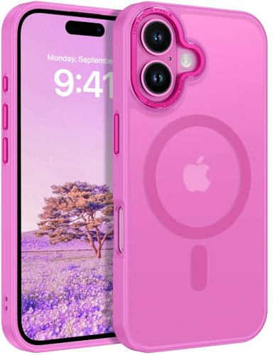 DOMAVER Coque magnétique pour iPhone 16 6,1 pouces, compatible avec MagSafe,étui translucide mat, anti-chocs, résistant aux rayures, anti-empreintes digitales, mince, rose fuchsia