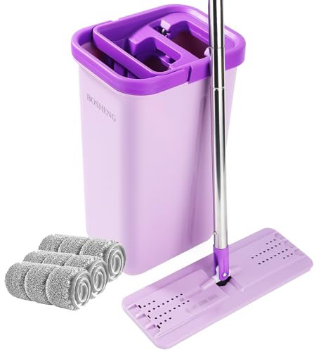 BOSHENG Serpillère et seau avec essoreuse, balai mains libres pour sol plat et seau, 3 tampons lavables en microfibre inclus, utilisation humide et sèche, système de nettoyage de sol domestique pour