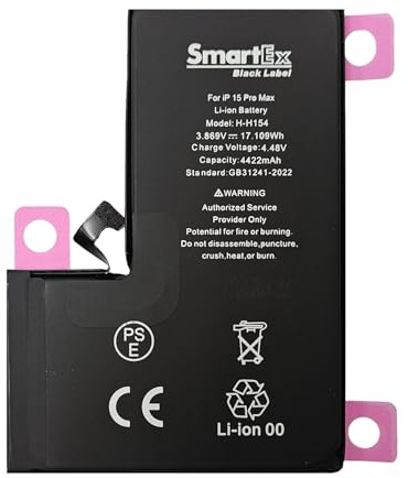 Smartex® Black Label Batterie Compatible avec iPhone 15 Pro Max - Capacité 4422 mAh - Garantie 2 Ans