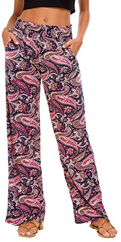 EXCHIC Mujeres Casual Pierna Recta Boho Yoga Pantalones Cintura Elástica Pantalones con Bolsillos(XL, Series 2#6)