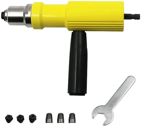 Remachadora para Taladro, Carburo, con Mango Desmontable y Llave, Herramienta de Remachado para Atornilladores Sin Cable y Taladros con Brocas de 2.2 mm, 2.5 mm y 3.2 mm (Amarillo)
