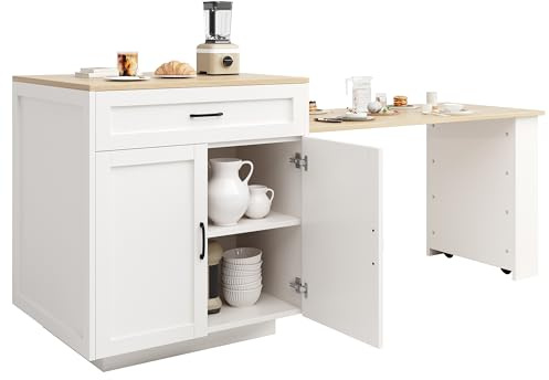 Senmate Tavolo Cucina Estraibile con Rotelle - Isola Multifunzione Allungabile per 2-6 Persone, Bianco in MDF, 2 Cassetti + 2 Ripiani + Scaffale Spezie, Design Moderno per Piccoli Spazi
