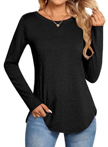 Zeagoo Shirt Damen Longsleeve Oberteile Elegant Langarmshirt Basic T-Shirt Langarm Top Longshirt Herbst Schwarz M