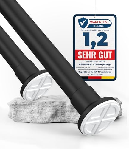 MEISENBERG Teleskopstange Vorhang, 90-160cm, Klemmstange für Gardinen Ø25mm | Werkzeuglose Montage, Rostfrei & Rutschfest - Spannstange für Fenster, Tür, Bad, Dusche, Schrank, Balkon, Trennwand, Schwarz
