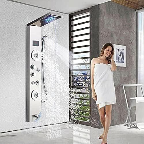 Colonne de Douche en Acier Inoxydable, pommeau de Douche à Effet Pluie et Cascade à LED, pommeau de Douche à Main, Jets de Corps, Bec de Baignoire, Affichage de la tempér