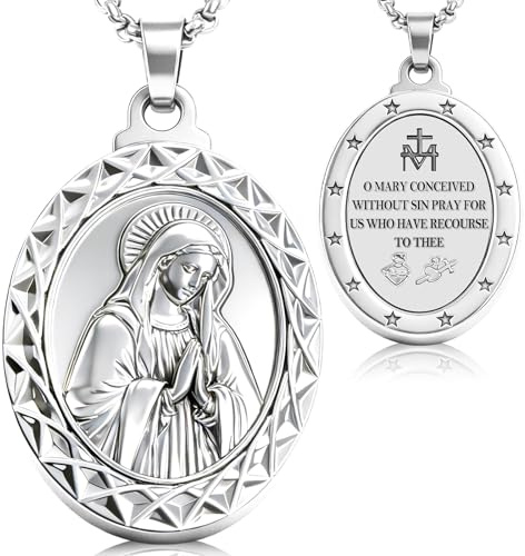 Virgin Mary Pendant Necklace Sliver, Miraculous Medal Necklace for Women