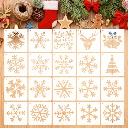 KLINNA 20 Stück Schablonen Weihnachten, Wiederverwendbare Malschablonen aus Kunststoff für Schneespray Fenster, DIY Vorlage zum Basteln, Zeichenschablonen & Strukturschablonen für Deko