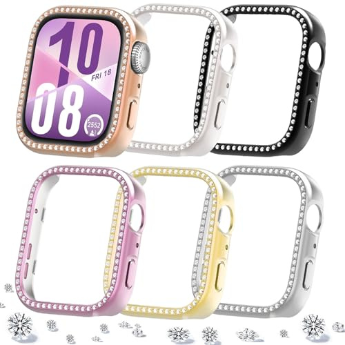 DEALELE [6-pack] klockfodral kompatibelt med Huawei Watch FIT 4, glitter strass diamant PC skyddande hölje hölje ersättningsklockor skyddskåpa tillbehör för män kvinnor (svart + silver + guld + rosa