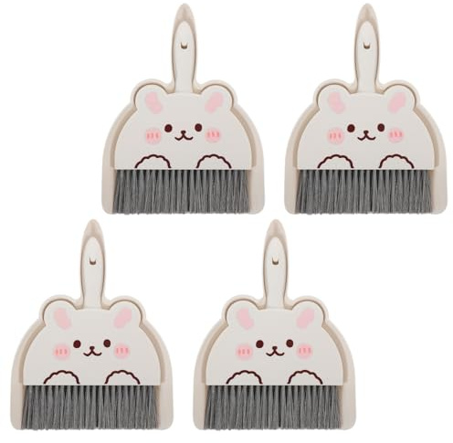 Veemoon Ensemble Mini Balai et Pelle à Poussière 4 Pièces Portable en Plastique Blanc Design Lapin Mignon Balayette de Table Compacte Cuisine Bureau et Petits Espaces de Nettoyage