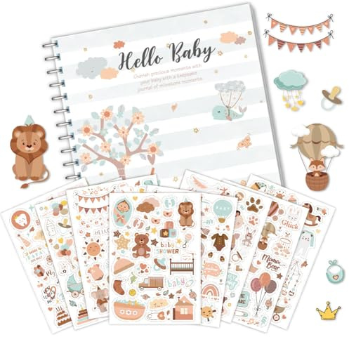 Baby Erinnerungsbuch – Hello Baby - Erstes Jahr Memory Buch mit Stickern, 50 Seiten Baby Erinnerungsalbum für Mädchen Junge, Geschenk zur Babyparty für Neue Eltern (A)
