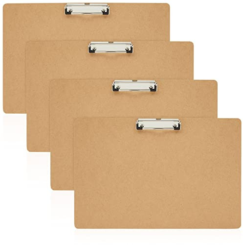 Juvale Clipboard - 11.5 x 17.4 in, Brown MDF, 4-Pack - Wood Clipboard Set with Low-Profile Metal Clip & Retractable Hook - Oversized & Portable for Drafting Board & Sketch Board Use